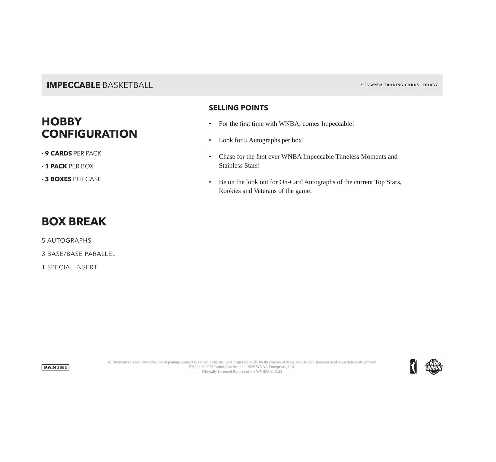 2025 Panini Impeccable WNBA Basketball Hobby Box