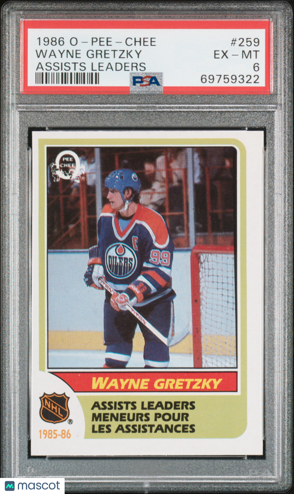 1986 O-Pee-Chee Wayne Gretzky #259 Assists Leaders PSA 6