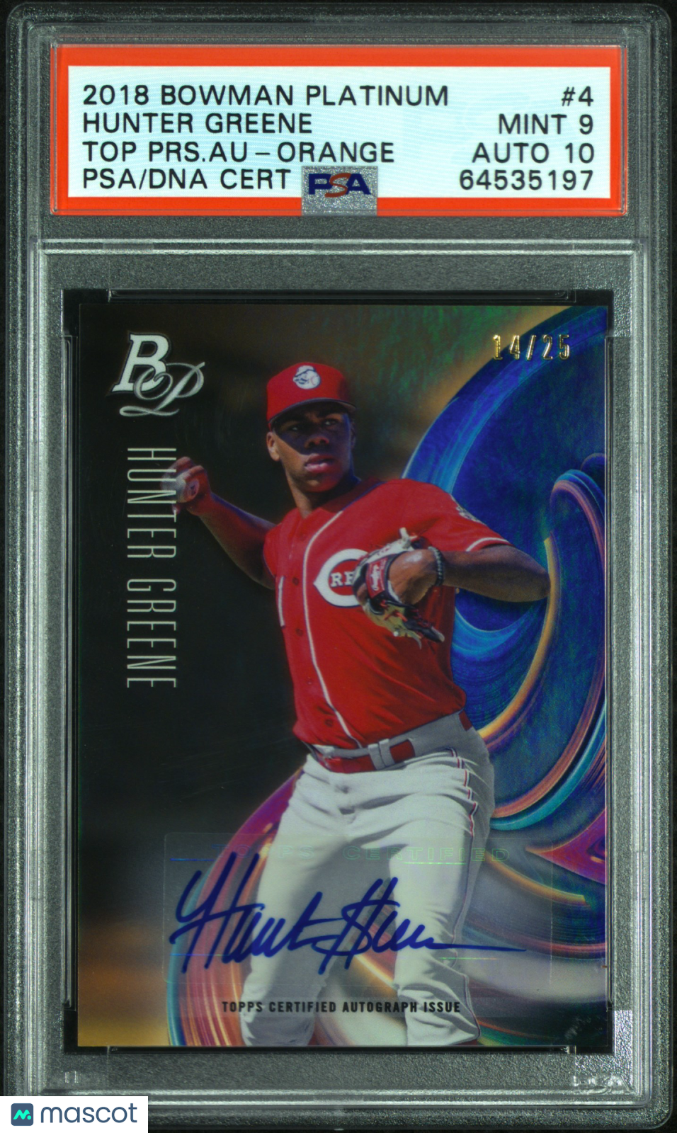 2018 Bowman Platinum Top Prospect Hunter Greene #4 PRS. Auto 14/25 PSA 9 Auto 10