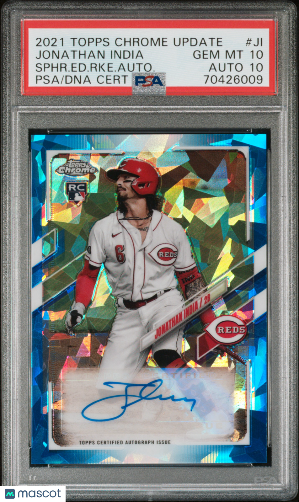 2021 Topps Chrome Sapphire RC Auto Jonathan India #JI. Ed. RKE. PSA 10 Auto 10