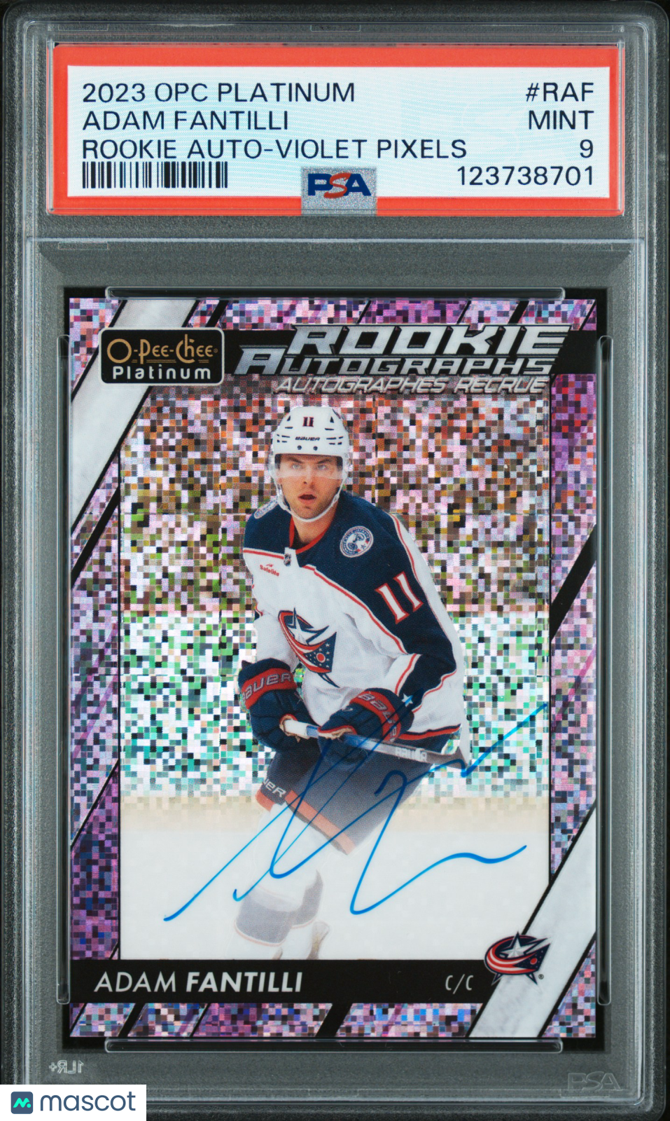 2023 Upper Deck O-Pee-Chee Plat RC Auto Adam Fantilli #RAF Violet Pixels PSA 9