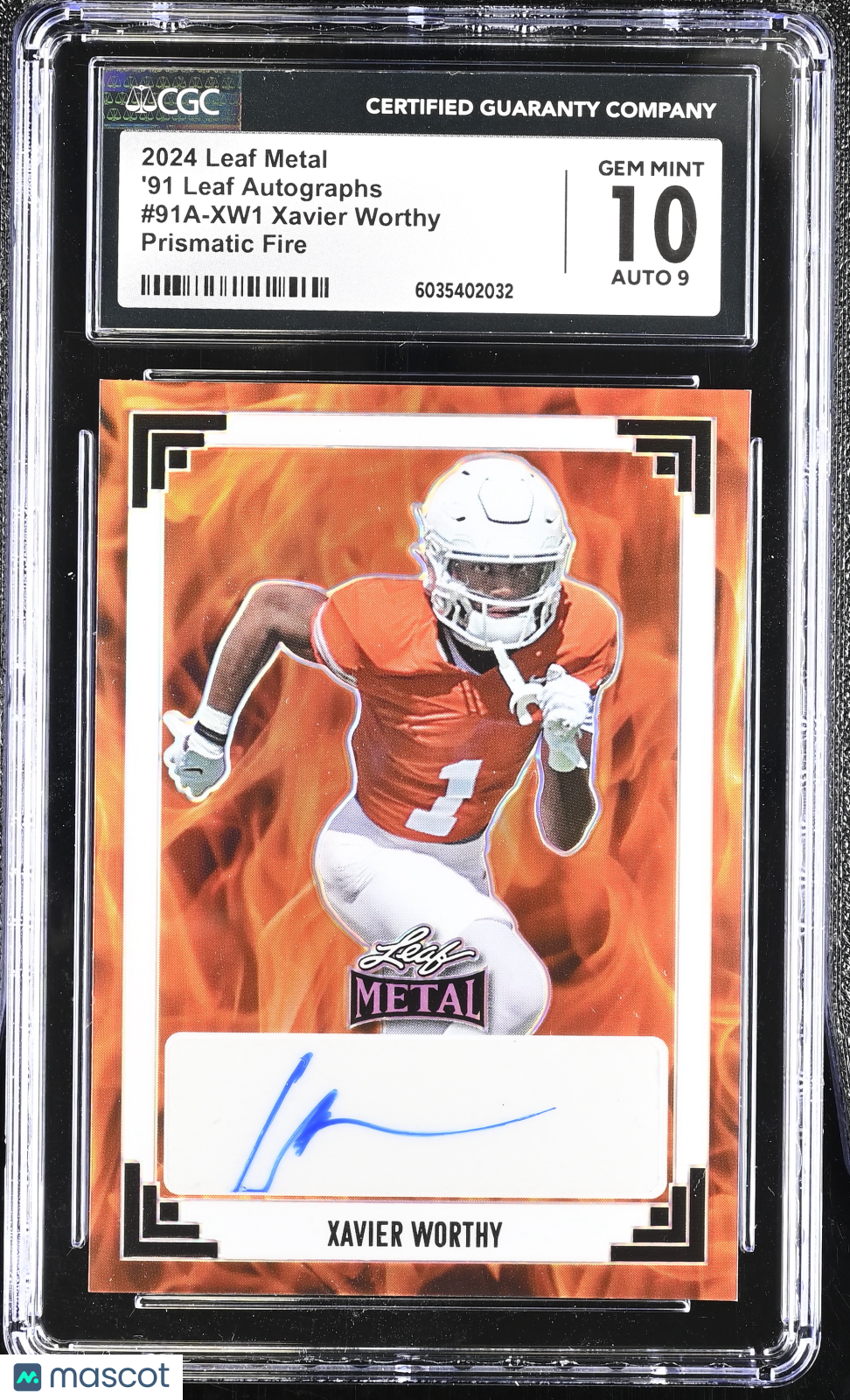 2024 Leaf Metal Xavier Worthy #91A-XW1 Prismatic Fire '91 Leaf Autographs CGC 10