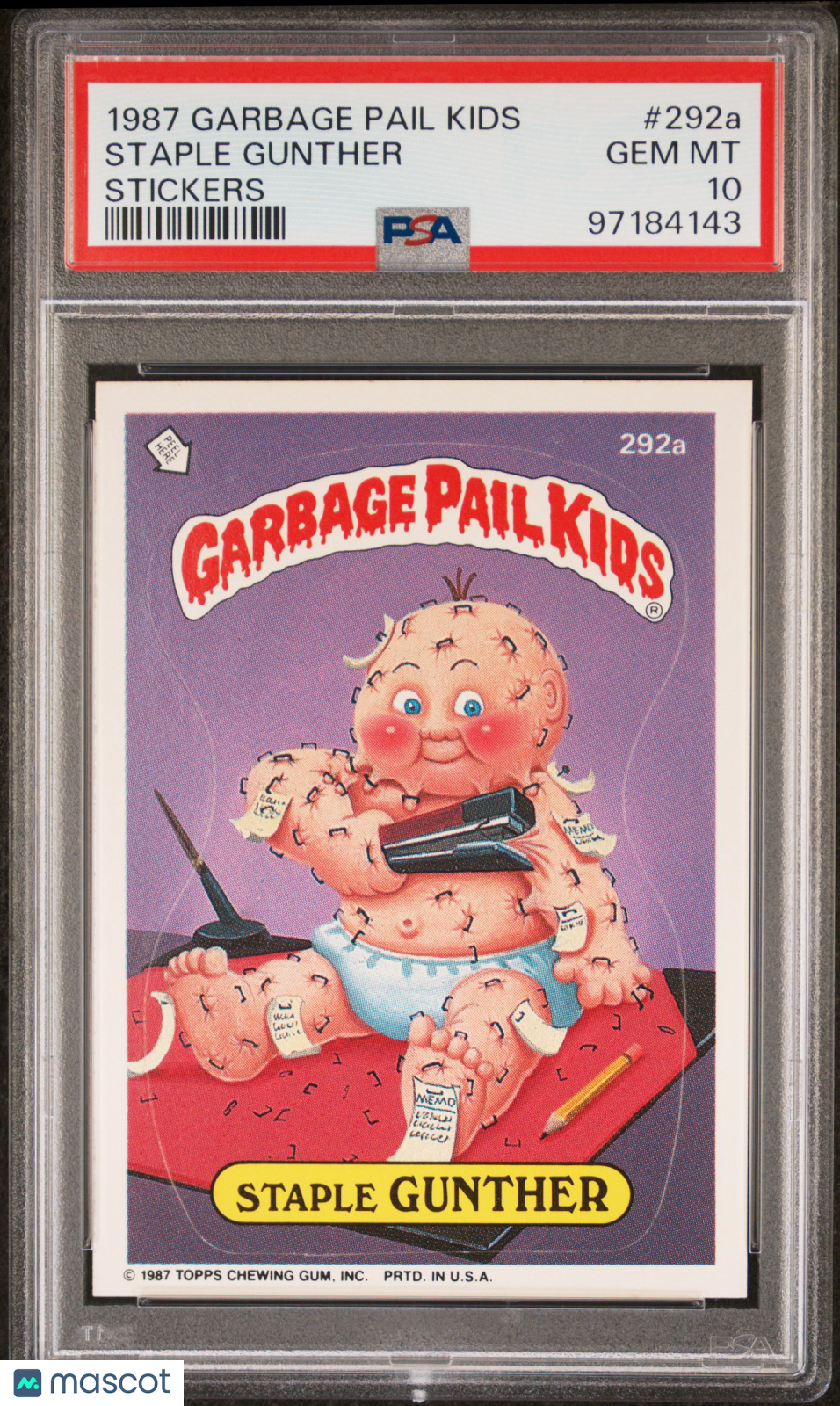 1987 Garbage Pail Kids Stickers Staple Gunther #292a PSA 10