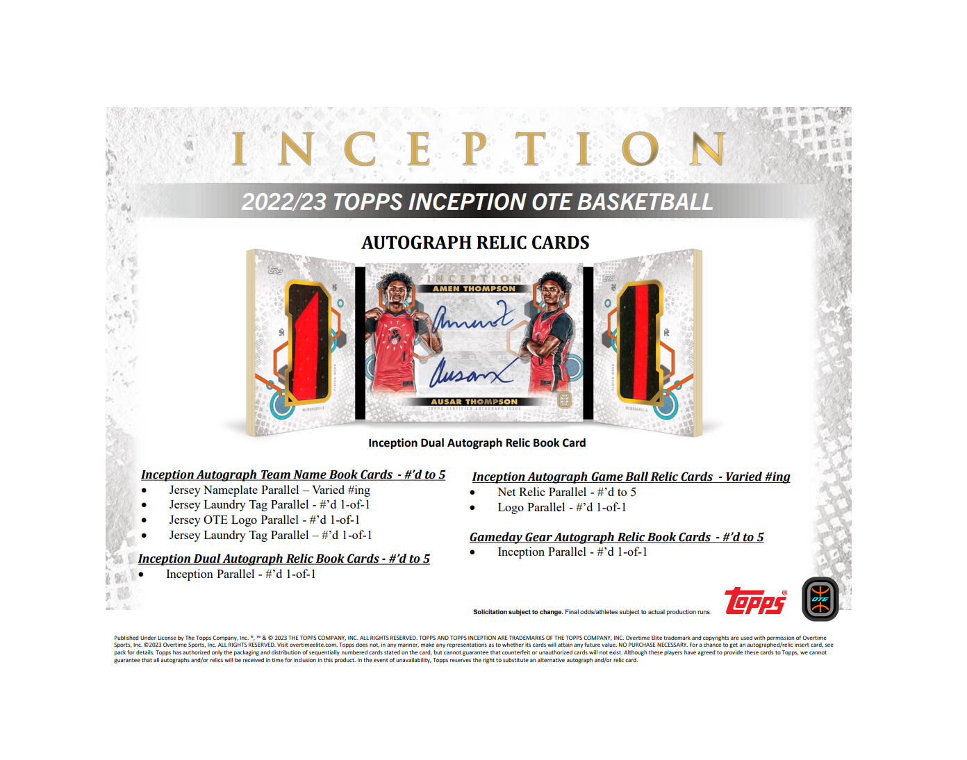 2022/23 Topps Inception OTE Overtime Elite Basketball Hobby 16 Box Case