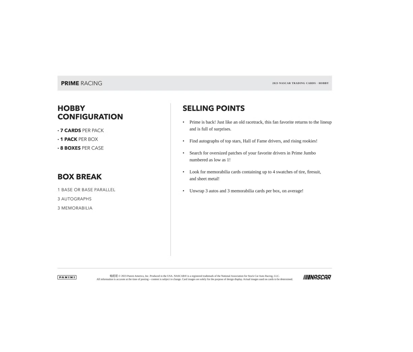 2023 Panini Prime Racing Hobby 8-Box Case