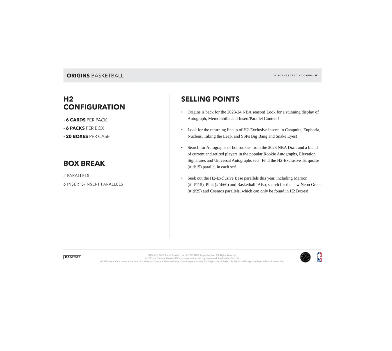 2023-24 Panini Origins Basketball H2 20-Box Case